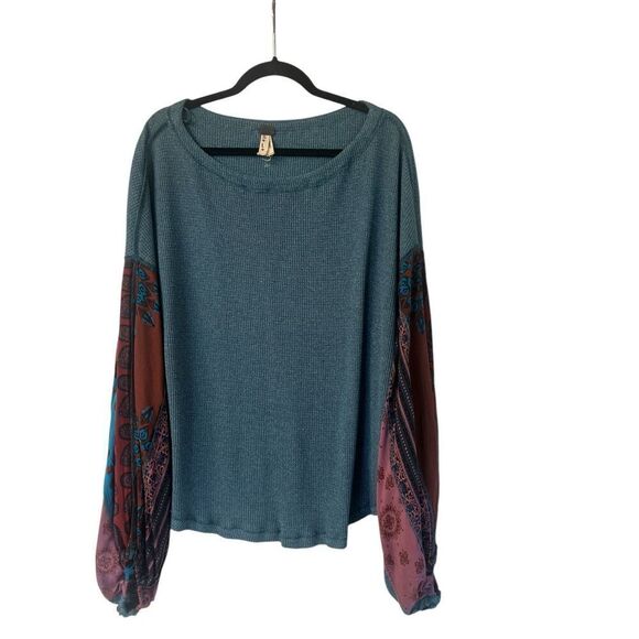 Anthropologie We the Free waffle knit top contrast sleeve sz Large - Picture 2 of 6